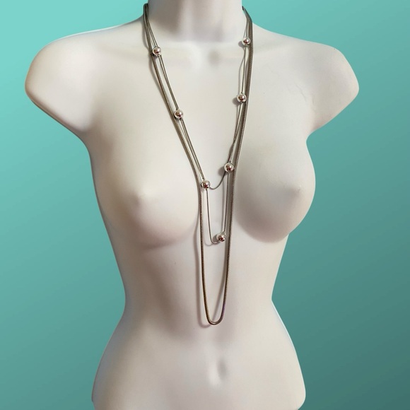 Silver Tone Triple Strand Chain Necklace With Accent Beads - Picture 4 of 6